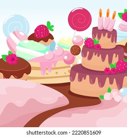 Pastel con velas, macarones, donuts, chupetes, muffins al estilo de las caricaturas. Fondo para el diseño.