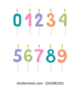 Cake candles with numbers 0, 1, 2, 3, 4, 5, 6, 7, 8 9 happy birthday Card Vector illustration