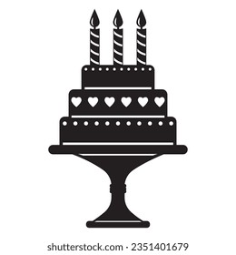 A cake with candles on a stand, a festive dessert. Black silhouette. Vector illustration, icon.