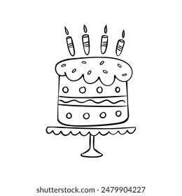 tarta con velas en un soporte , garabato dibujado a mano estilo libre . Vector, monocromo, boceto. comida, dulces, postre cumpleaños