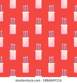 Pastel con velas , patrón sin fisuras en un fondo rojo.