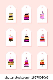Cake with candles, set of gift tags, label, badge, card, price tag template - Vector illustration isolated