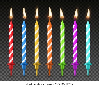 Cake candles set, realistic style holiday decoration. Birthday dessert decor, bright color flame effect. Vector realistic  candles illustration