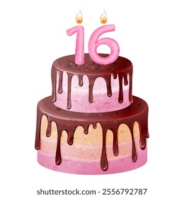 Cake with candles in the shape of numbers for a 16th birthday. Vector watercolor cake with chocolate icing