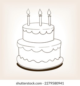 Cake with candles sketch brown style vector illustration. Old hand drawn engraving imitation.