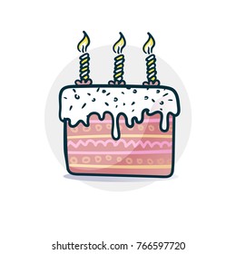 Cake with candles sticker. Vector illustration of a funny cartoon style