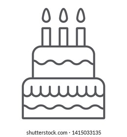 Cake with candles thin line icon, food and sweets, birthday cake sign, vector graphics, a linear pattern on a white background, eps 10.