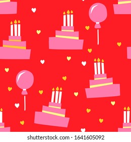 Cake and candlestick seamless pattern with tiny heart and air ballon clipart in pink and red colors. Girly Birthday repeating design with traditional party images.