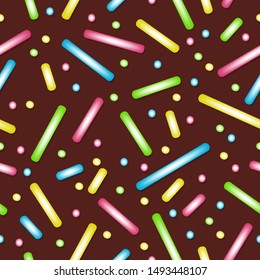 Cake candy glaze texture. Cute chocolate candies sprinkle seamless pattern, vector cupcakes colored sugar rice dots patterned background