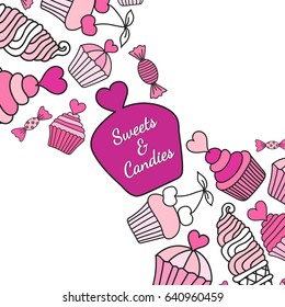 Cake, candy, ice cream doodle background. Colored decorative card template of hand-drawn sweets. Cookery design flyer. Culinary concept. EPS 10 vector illustration.