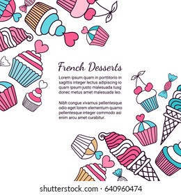 Cake, candy, ice cream doodle background. Colored decorative card template of hand-drawn sweets. Cookery design flyer. Culinary concept. EPS 10 vector illustration.