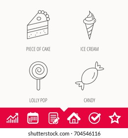 Cake, candy and ice cream icons. Piece of cake, lolly pop linear sign. Edit document, Calendar and Graph chart signs. Star, Check and House web icons. Vector