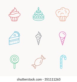 Cake, candy and muffin icons. Cupcake, ice cream and lolly pop linear signs. Piece of cake icon. Linear colored icons.