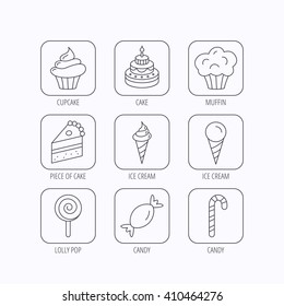 Cake, candy and muffin icons. Cupcake, ice cream and lolly pop linear signs. Piece of cake icon. Flat linear icons in squares on white background. Vector