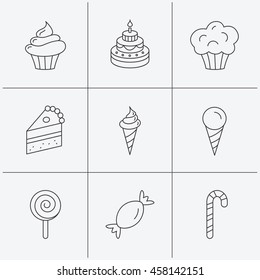 Cake, candy and muffin icons. Cupcake, ice cream and lolly pop linear signs. Piece of cake icon. Linear icons on white background. Vector