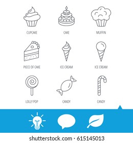 Cake, candy and muffin icons. Cupcake, ice cream and lolly pop linear signs. Piece of cake icon. Light bulb, speech bubble and leaf web icons. Vector