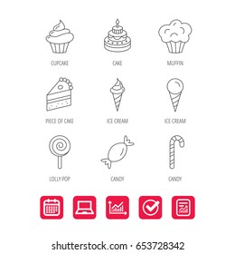 Cake, candy and muffin icons. Cupcake, ice cream and lolly pop linear signs. Piece of cake icon. Report document, Graph chart and Calendar signs. Laptop and Check web icons. Vector
