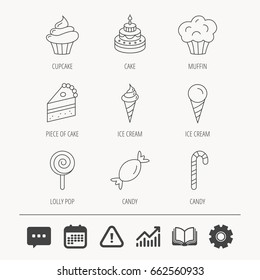 Cake, candy and muffin icons. Cupcake, ice cream and lolly pop linear signs. Piece of cake icon. Education book, Graph chart and Chat signs. Attention, Calendar and Cogwheel web icons. Vector