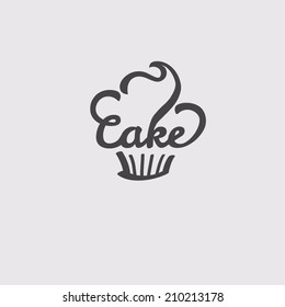 Cake. Candy Shop Sticker with Cupcake Silhouette. Vintage Illustration. Calligraphy