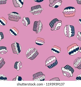 Cake, cap, cone. Seamless bright birthday pattern on pink, white and neutral. Vector illustration. Wrapping paper.