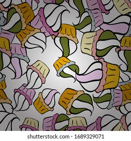 Cake, cap, cone. Seamless bright birthday pattern on white, neutral and black. Vector illustration. Wrapping paper.