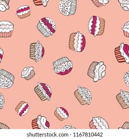 Cake, cap, cone. Vector illustration. Wrapping paper. Seamless bright birthday pattern on beige, white and neutral.