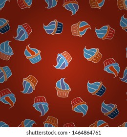 Cake, cap, cone. Vector illustration. Wrapping paper. Seamless bright birthday pattern on white, blue and orange.