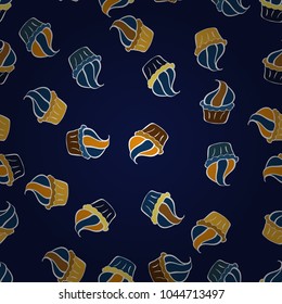 Cake, cap, cone. Wrapping paper. Seamless bright birthday pattern on blue, yellow and white. Vector illustration.