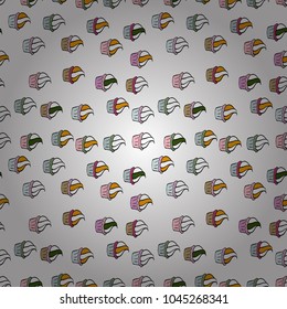 Cake, cap, cone. Wrapping paper. Seamless bright birthday pattern on white, neutral and black. Vector illustration.
