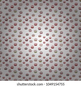 Cake, cap, cone. Wrapping paper. Seamless bright birthday pattern on white, pink and gray. Vector illustration.