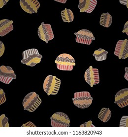 Cake, cap, cone. Wrapping paper. Vector illustration. Seamless bright birthday pattern on black, brown and beige.