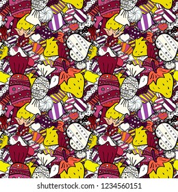 Cake, cap, cone. Wrapping paper. Vector illustration. Seamless bright birthday pattern on black, yellow and white.