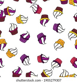 Pastel, gorra, cono. Papel envuelto. Ilustración vectorial. Patrón de cumpleaños brillante sin foco sobre morado, blanco y negro.