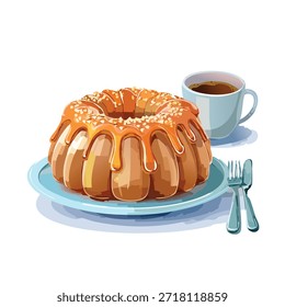 Un pastel con esmalte de caramelo y nueces se muestra en un plato con una taza de café y cubiertos. La Imagen presenta un estilo brillante, similar a un dibujo animado con fondo blanco.