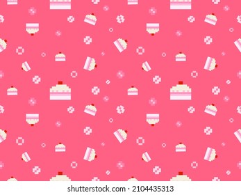 Cake cartoon character seamless pattern on pink background.Pixel style