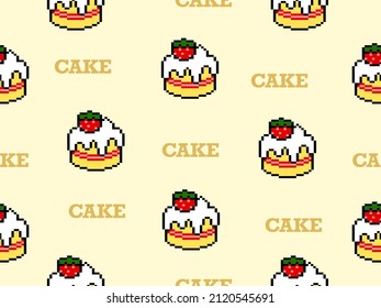 Cake cartoon character seamless pattern on yellow background.Pixel style