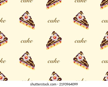 Cake cartoon character seamless pattern on yellow background. Pixel style
