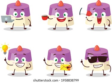 Cake cartoon character with various types of business emoticons