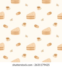 Cake cartoon so cute. On coffee roll cake bow background. Pattern seamless vector illustration. 