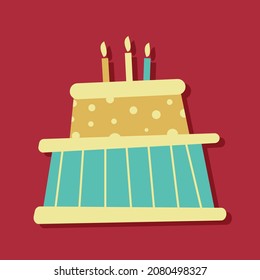 Cake. Cartoon flat cake. Vector illustration is isolated on a red background.