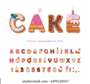 Cake cartoon font. Cute sweet letters and numbers for birthday card, baby shower, Valentines day, sweets shop, girls magazine, collages. Isolated. Vector. svg
