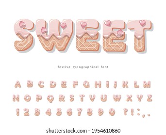 Fuente de la caricatura de pasteles. Cute letras dulces y números para tarjeta de cumpleaños, ducha de bebé, día de San Valentín, tienda de dulces, revista para chicas, boda, collages. Papel cortado. Vector.