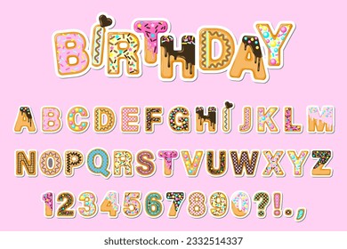 Kuchen Cartoon Schriftart. süße Buchstaben und Zahlen für die Grußkarte, Kinderparty, Süßwarenladen, Mädchenmagazin, Collagen. Aufkleber