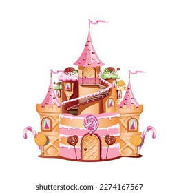 Castillo de pasteles en tierra de caramelos, melaza y decoración de chocolate, puertas de gofre, balcón y torres. Tierra dulce fondo de cuento de hadas. Ilustración vectorial.