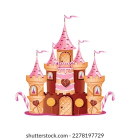 Cake castle in candy land, molasses and chocolate decoration, waffle doors, balcony and towers. Fairytale land sweet background. Vector illustration.