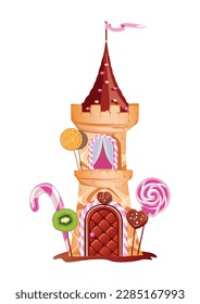 Castillo de pasteles en dulces, melaza y decoración de chocolate, puertas de gofre, balcón y torres. Tierra dulce fondo de cuento de hadas. Ilustración vectorial.