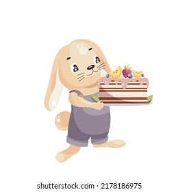 Cake character. Hare. Rabbit. Animal with baking cake. Vector illustration
