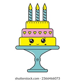 Cake character, sweet dessert kawaii, vector illustration