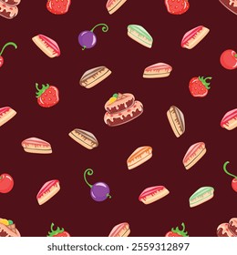 Cake and cheesecake with berry flavors will decorate your friendly feaste, strawberry, cherry, 
currant, dessert, confectioner, pattern, vector, illustration, seamless, background, art, food, jam, wa