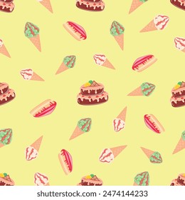 Cake, cheesecake, ice cream will make a dessert that will not leave anyone indifferent, dessert, confectioner, sugar, vector, illustration, isolated, background, art, food, jam, waffle cone
